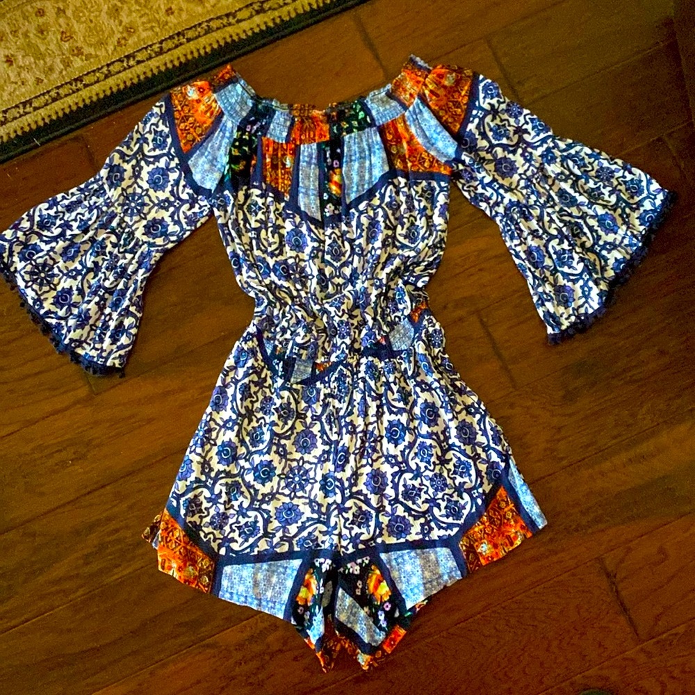 Bohemian Blue and Orange Patterned Romper